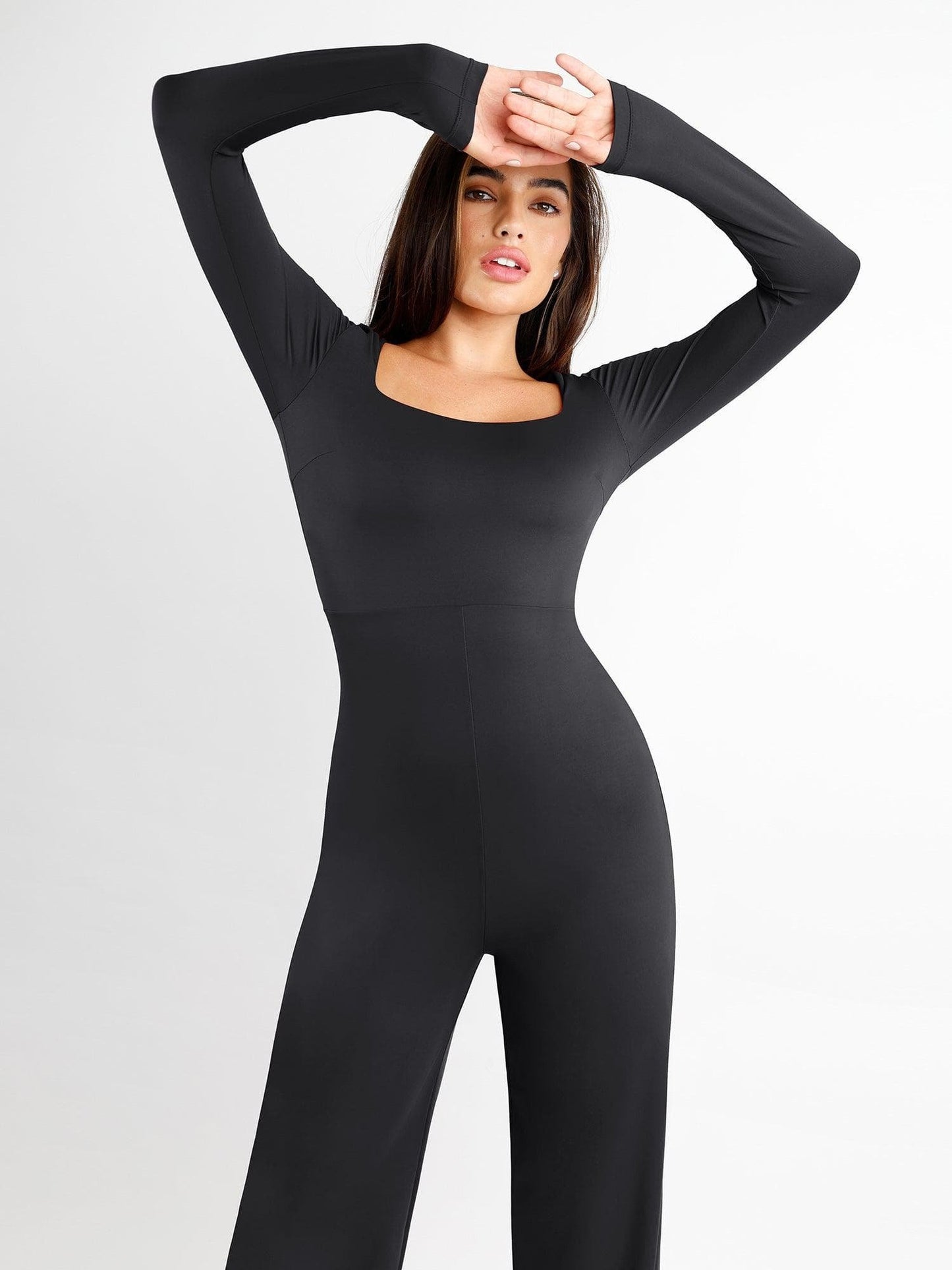 Square Neck Wide-Leg Long Sleeve Shapewear Jumpsuit-unitmotor™