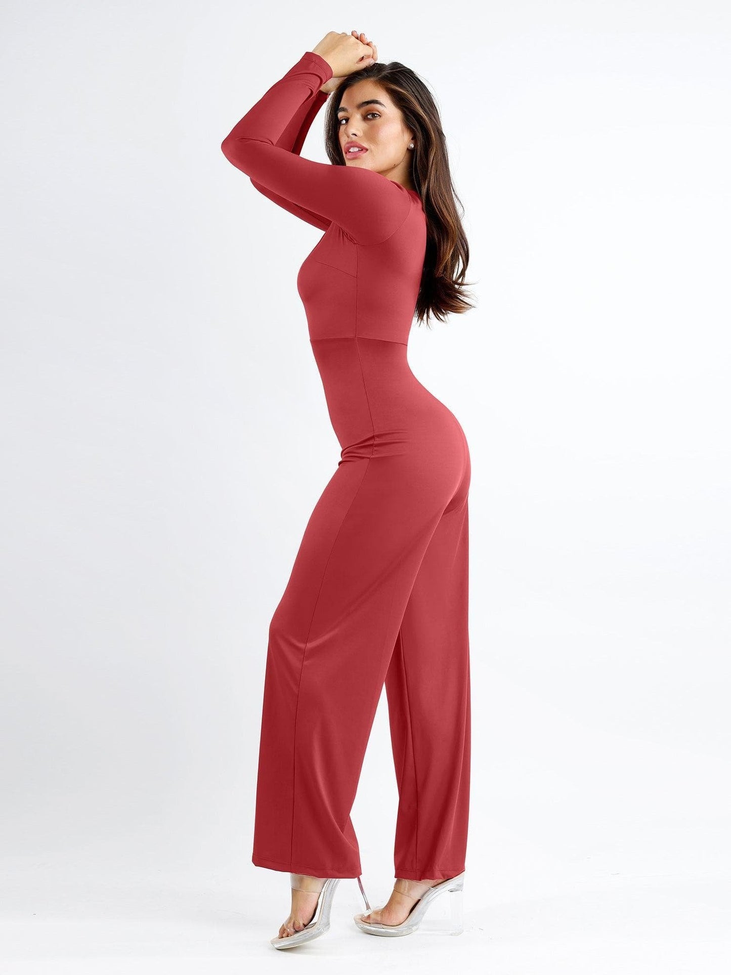 Square Neck Wide-Leg Long Sleeve Shapewear Jumpsuit-unitmotor™