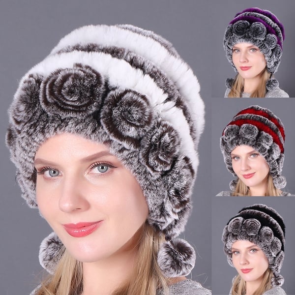 (🎁Early Christmas Sale - 49% OFF) Lady Warm Flowers Striped Real Rex Rabbit Fur Hats-unitmotor™