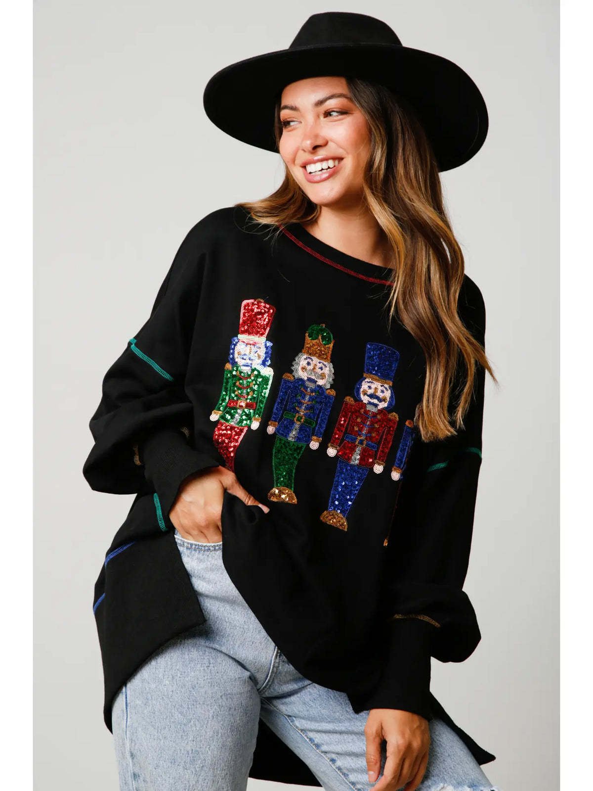 Christmas sequin print crew neck long sleeve sweatshirt-unitmotor™