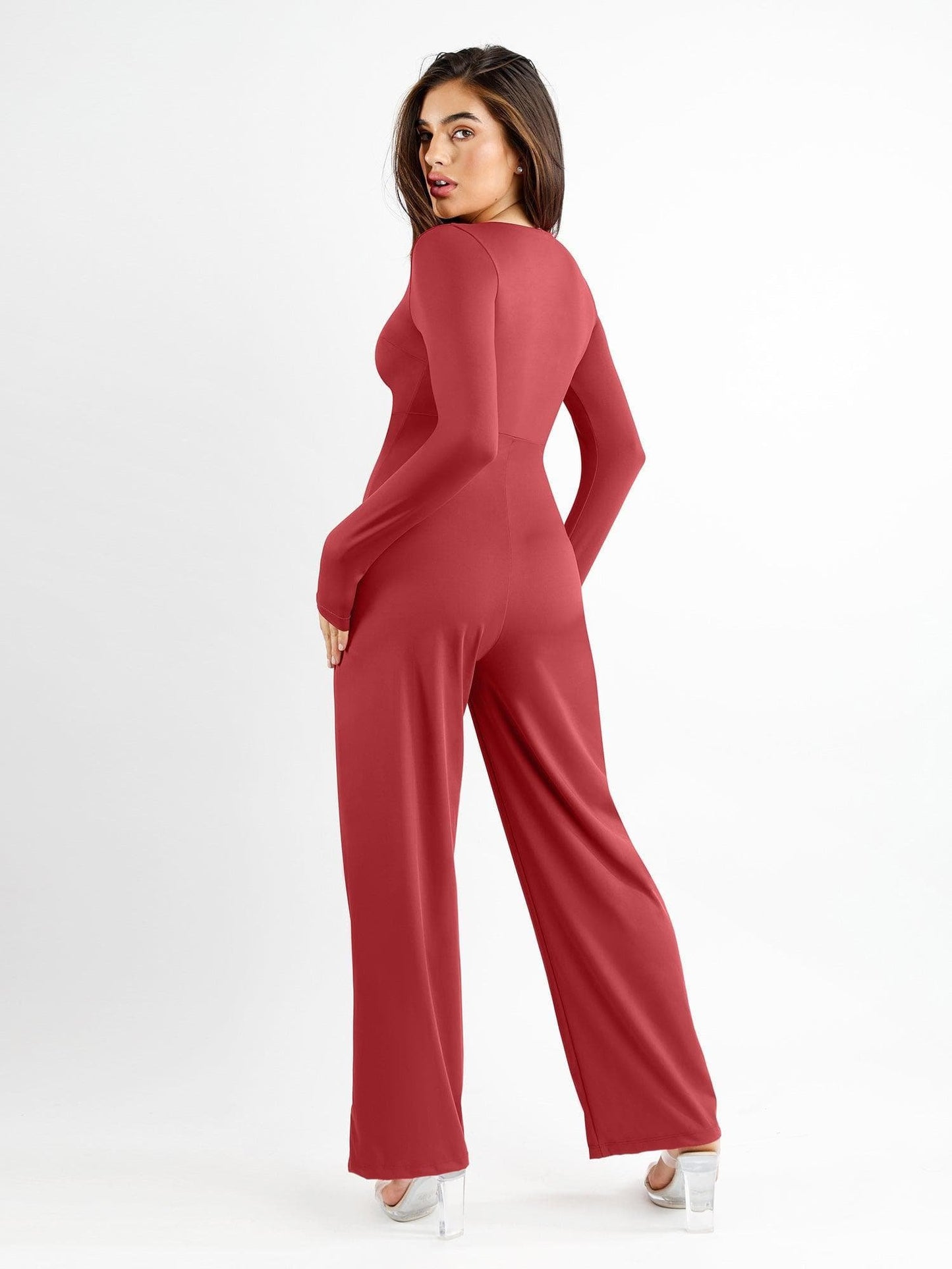 Square Neck Wide-Leg Long Sleeve Shapewear Jumpsuit-unitmotor™