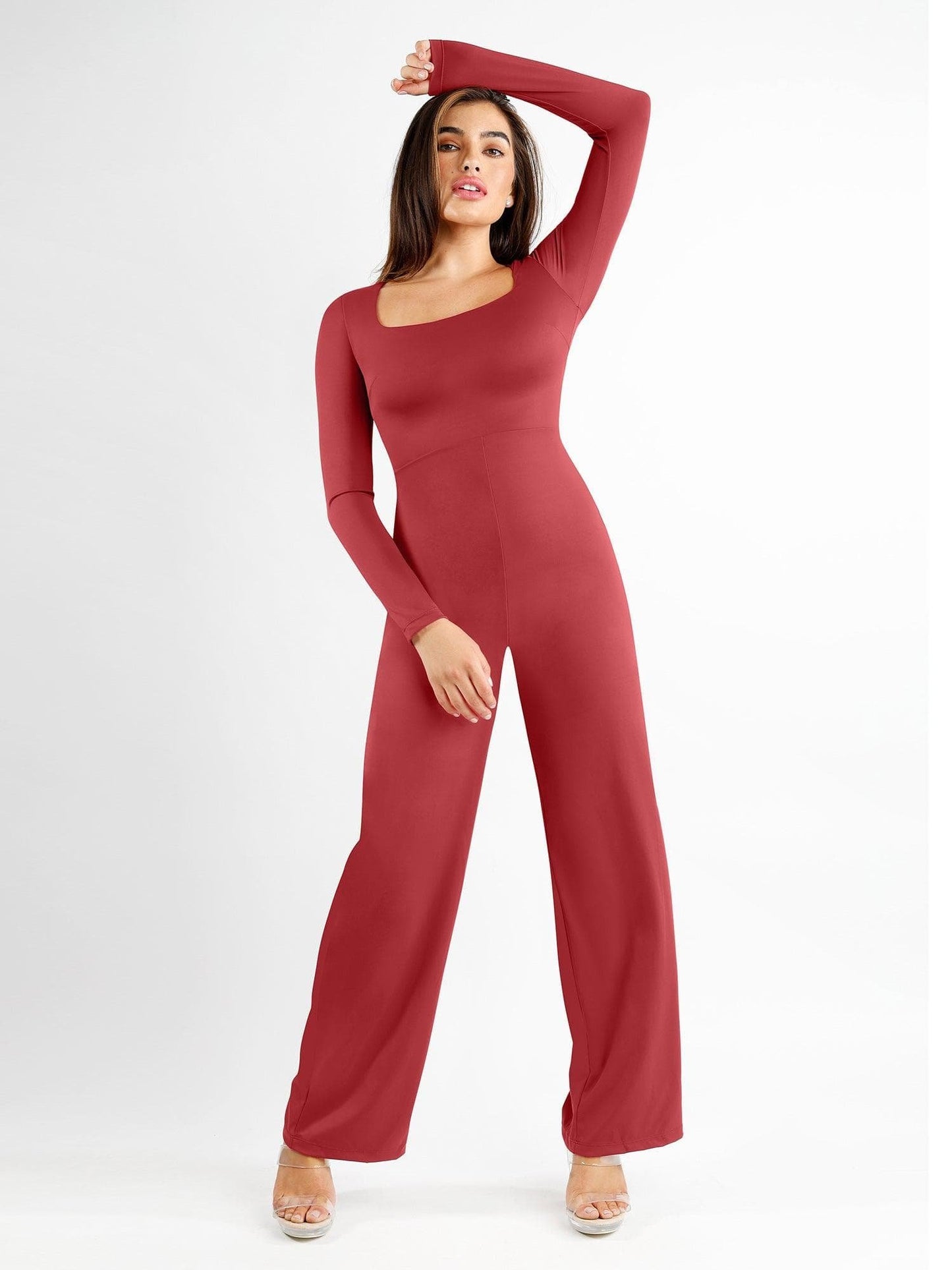 Square Neck Wide-Leg Long Sleeve Shapewear Jumpsuit-unitmotor™