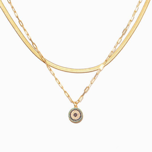 Round Pavé Evil Eye Layered Necklace Set-unitmotor™