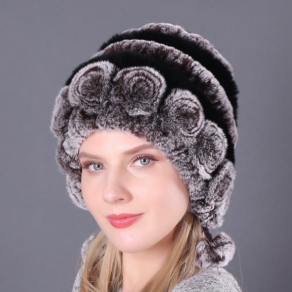 (🎁Early Christmas Sale - 49% OFF) Lady Warm Flowers Striped Real Rex Rabbit Fur Hats-unitmotor™