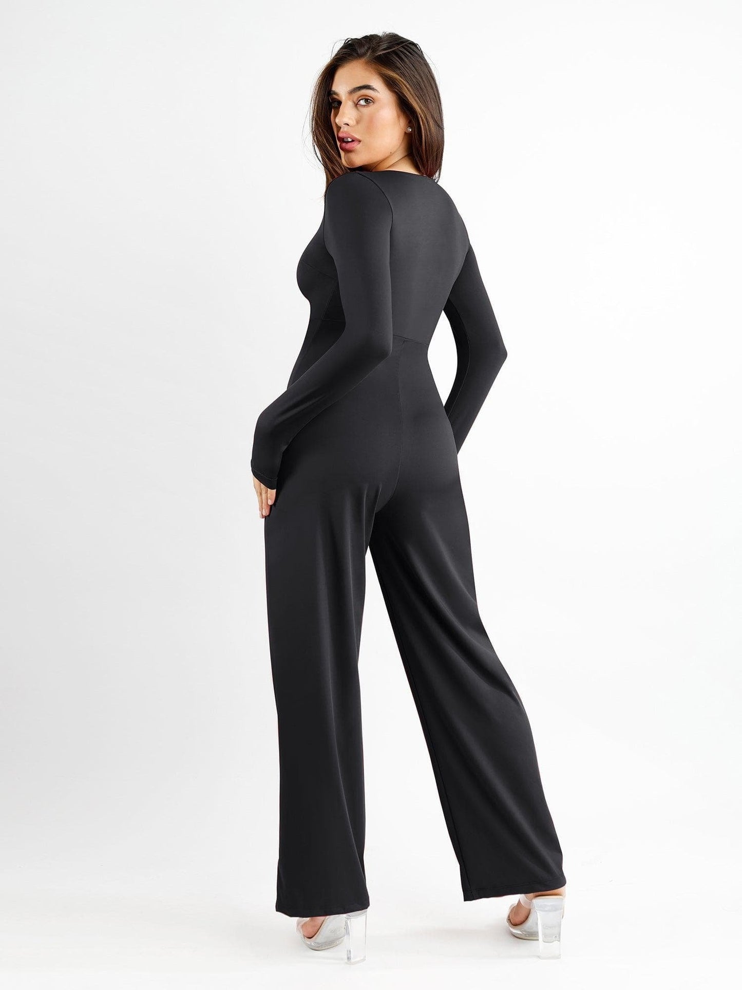 Square Neck Wide-Leg Long Sleeve Shapewear Jumpsuit-unitmotor™