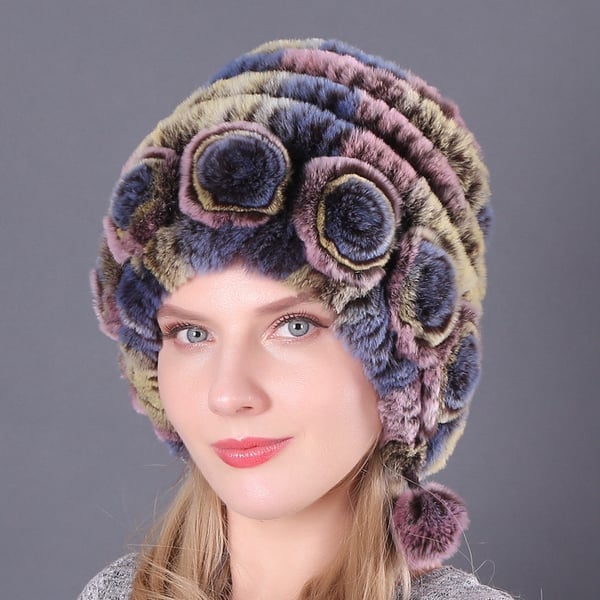 (🎁Early Christmas Sale - 49% OFF) Lady Warm Flowers Striped Real Rex Rabbit Fur Hats-unitmotor™