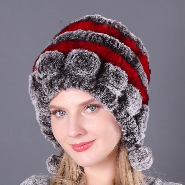 (🎁Early Christmas Sale - 49% OFF) Lady Warm Flowers Striped Real Rex Rabbit Fur Hats-unitmotor™