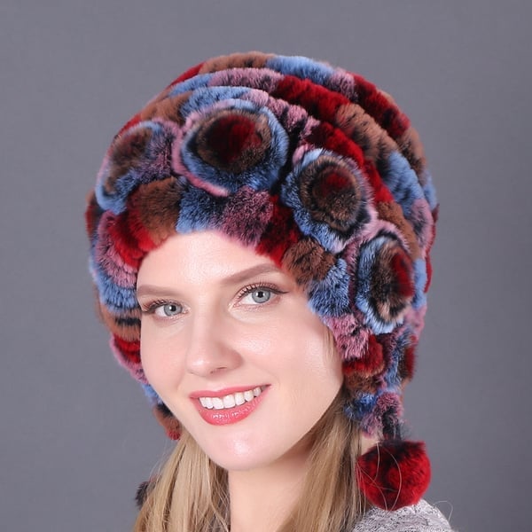 (🎁Early Christmas Sale - 49% OFF) Lady Warm Flowers Striped Real Rex Rabbit Fur Hats-unitmotor™