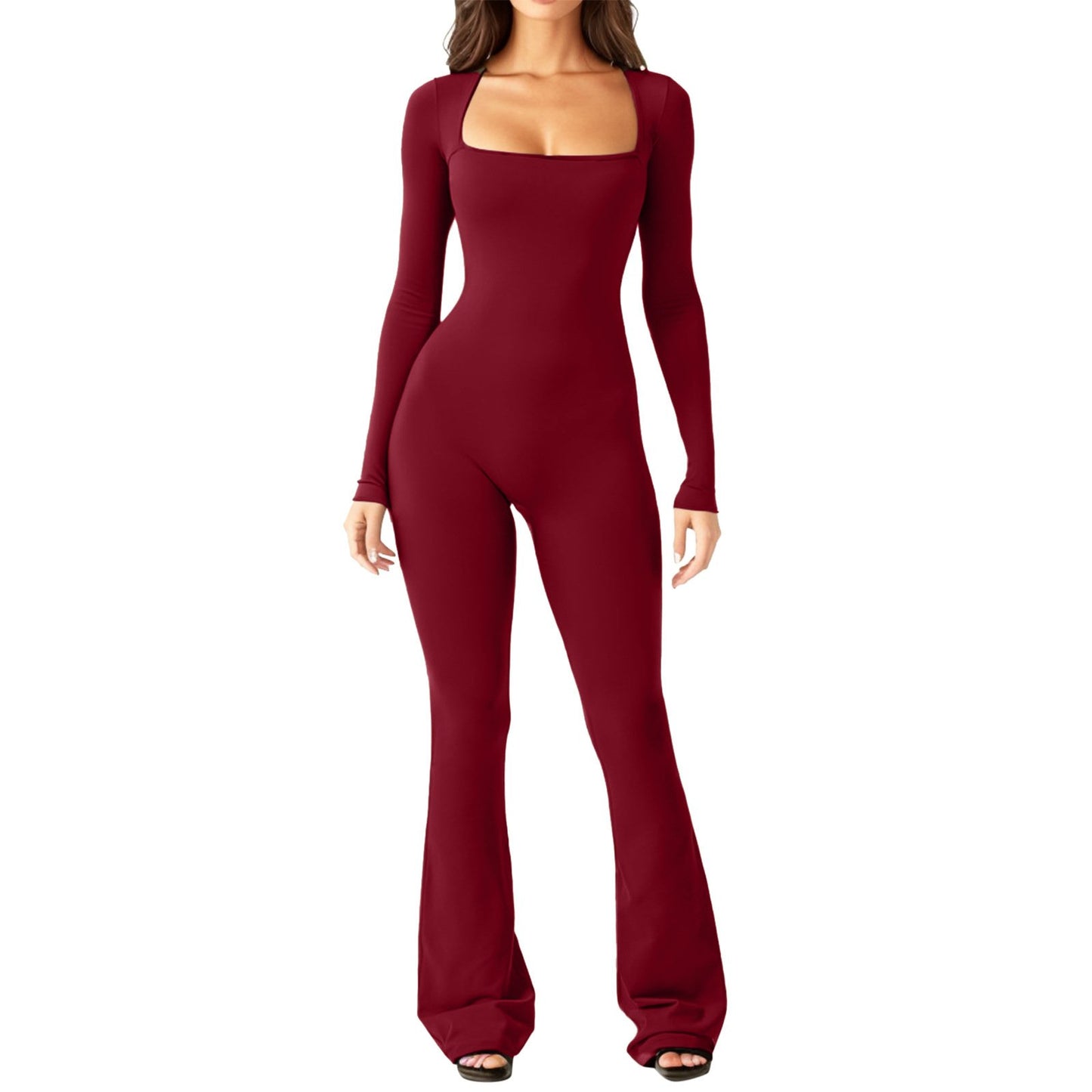 Square Neck Wide-Leg Long Sleeve Shapewear Jumpsuit-unitmotor™