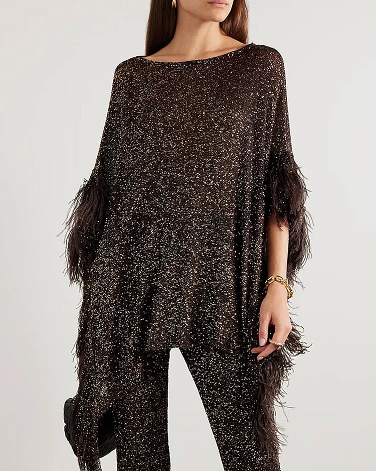 Asymmetric feather-trimmed sequin-embellished top and pants two-piece set-unitmotor™