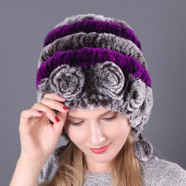 (🎁Early Christmas Sale - 49% OFF) Lady Warm Flowers Striped Real Rex Rabbit Fur Hats-unitmotor™