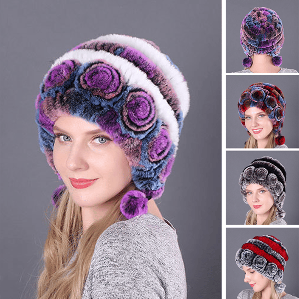 (🎁Early Christmas Sale - 49% OFF) Lady Warm Flowers Striped Real Rex Rabbit Fur Hats-unitmotor™