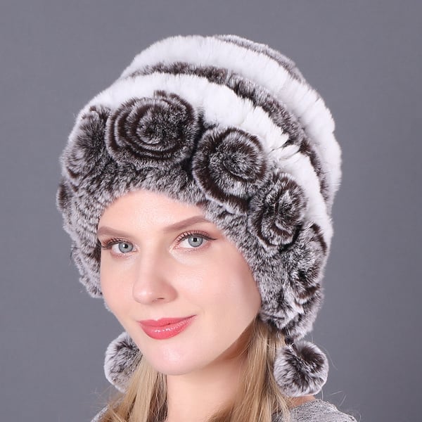 (🎁Early Christmas Sale - 49% OFF) Lady Warm Flowers Striped Real Rex Rabbit Fur Hats-unitmotor™