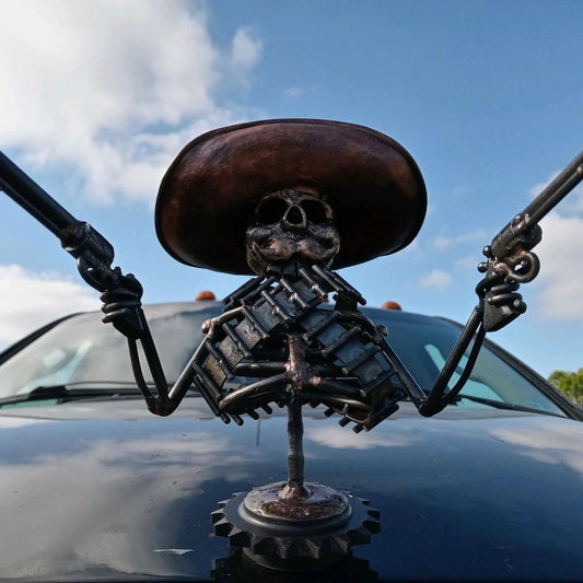 unitmotor™-Handmade Cast Cowboy Skull Gunslinger Hood Ornament Sculpture